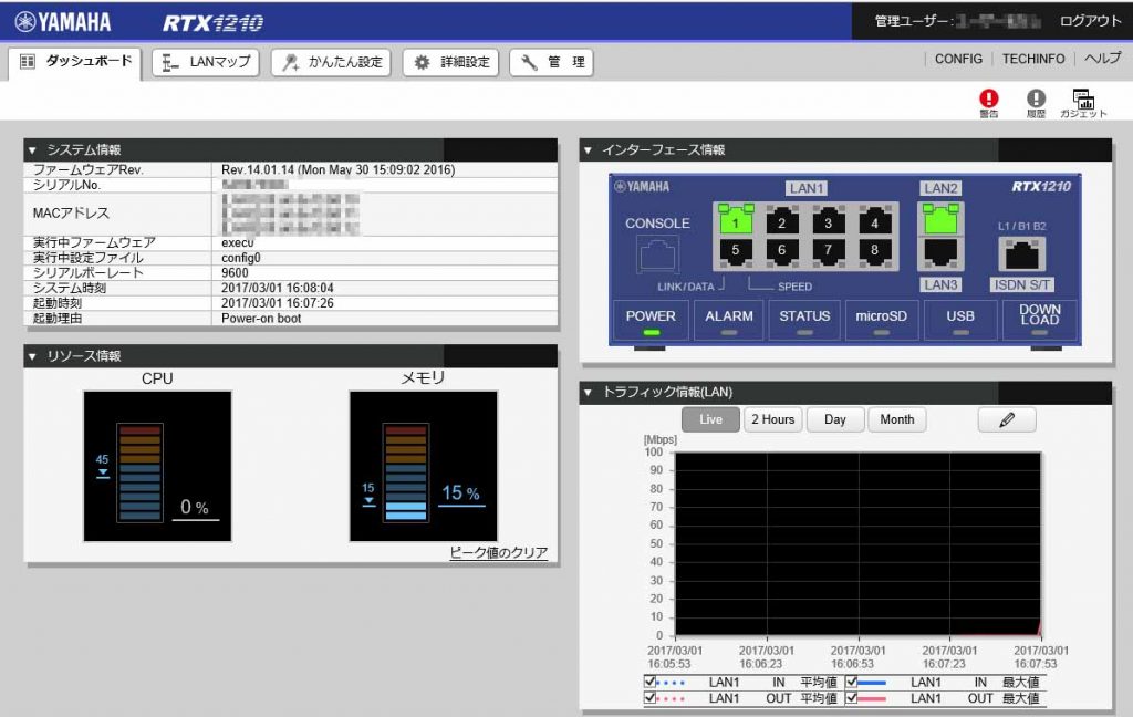 RTX1210　ダッシュボード画面