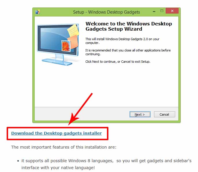 Windows Desktop Gadgetsのダウンロード画面